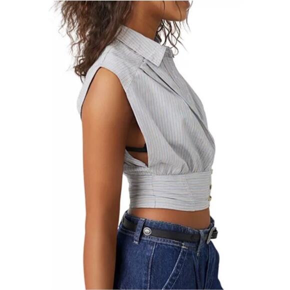 ⭐️ 3/$20 Free People Cassie Button Up Crop Top Large Smocked Stripe Summer - Picture 4 of 12